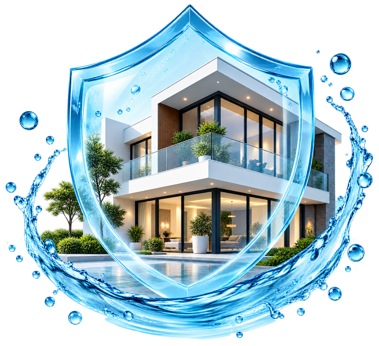 Contemporary home protected by a waterproof shield